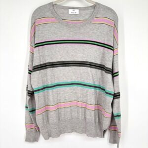 ALLUDE Striped Crewneck Sweater Sz L Cotton Cashmere Grey Pink Green Lightweight
